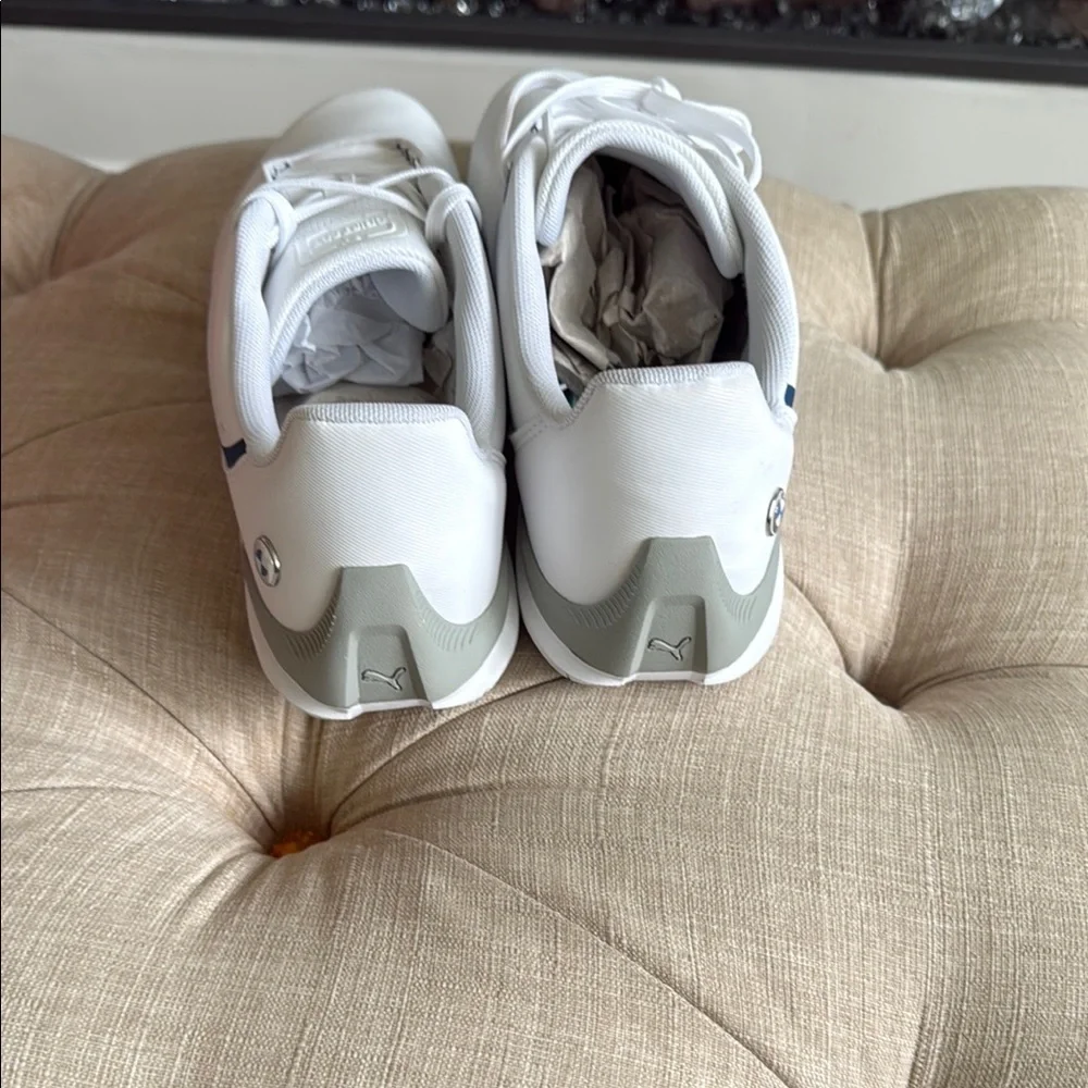 NWT. Puma White and Blue Sneakers Sleek Motorsport Design